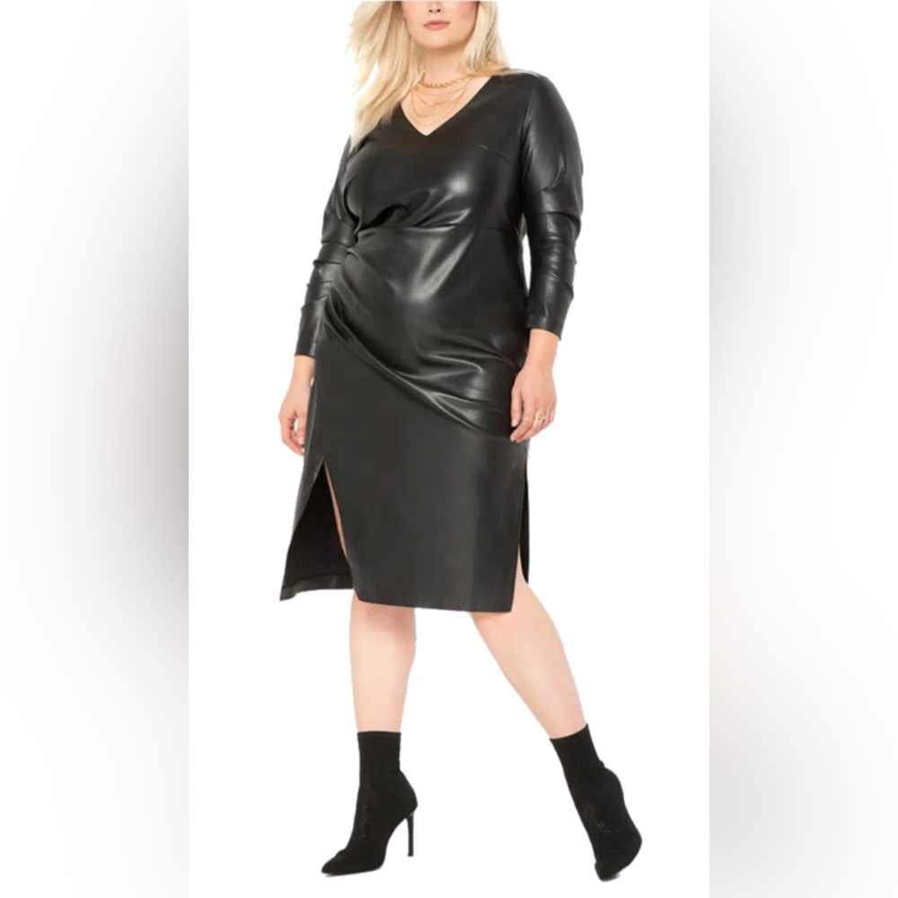 Elioquii black faux leather faux wrap dress size 16
